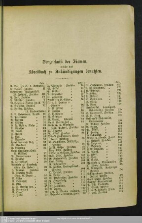 Verzeichniß der Firmen, welche das Adreßbuch zu Ankündigungen benutzten
