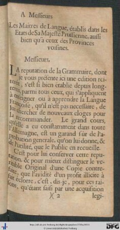 A Messieurs les Maitres de Langue, établis dans les Etats de Sa Majesté Prussienne, aussi bien qu'à ceux des Provinces voisines.