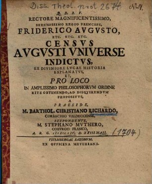 Censvs Avgvsti Vniverse Indictvs, Ex Diviniore Lvcae Historia Explanatvs