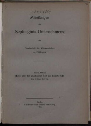 Studie über den griechischen Text des Buches Ruth
