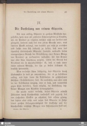IV. Die Darstellung von reinem Glycerin