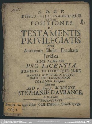 Dissertatio Inauguralis continens Positiones De Testamentis Privilegiatis