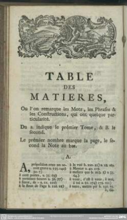 Table Des Matieres, Ou l'on remarque les Mots, les Phrases & les Constructions, qui ont quelque particularité
