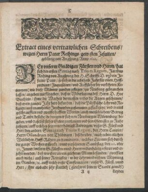 Extract eines vertrawlichen Schreibens/ wegen Herrn Pater Reihings/ gewesten Jesuiten/ gebürtig von Augspurg/ Anno 1621.