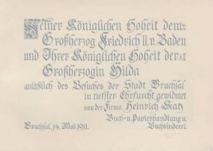 Widmungstext an Großherzog Friedrich II. von Baden und Großherzogin Hilda