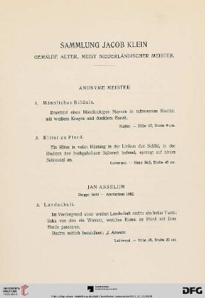 Sammlung Jacob Klein: Gemälde alter, meist niederländischer Meister (Nr. 1-36)