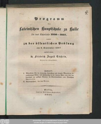 1847: Programm der Lateinischen Hauptschule in Halle : für d. Schuljahr ...