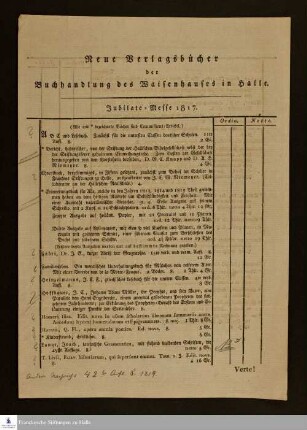 Neue Verlagsbücher der Buchhandlung des Waisenhauses in Halle : Jubilate-Messe 1817