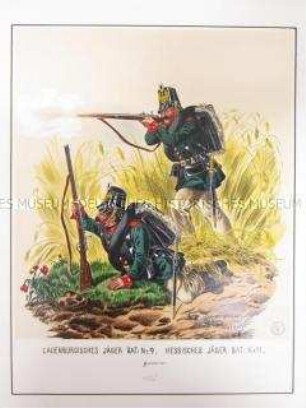 Uniformdarstellung, Jäger des Lauenburgischen Jäger-Bataillons No. 9 und des Hessischen Jäger-Bataillons No. 11, Preußen, 1866. Tafel 105 aus: Schindler: Suplement zum Militair-Album.