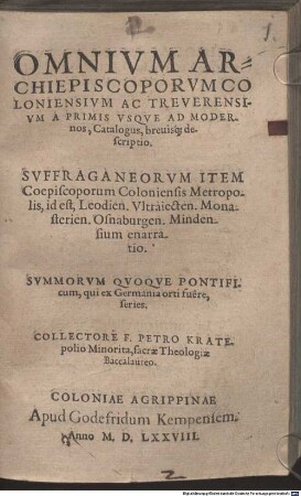 Omnium Archiepiscoporum Coloniensium ac Trevirensium Catalogus