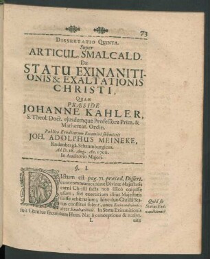 Dissertatio Quinta ... De Statu Exinanitionis & Exaltationis Christi, ...