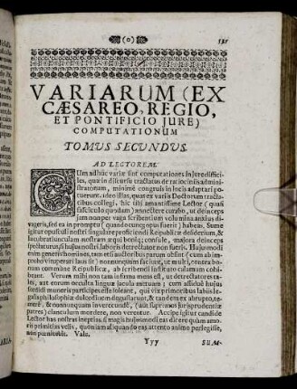 Variarum (Ex Cæsareo, Regio, Et Pontificio Jure) Computationum. Tomus Secundus.