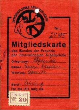 Mitgliedsausweis der Internationalen Arbeiterhilfe