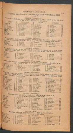 Hipódromo Argentino - Programa para la reunión del domingo 26 de Diciembre de 1909
