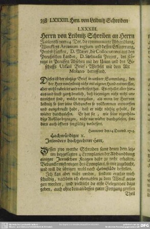 LXXXIII. Herrn von Leibnitz Schreiben an Herrn Jablonski vom 14 Dec. die communicirte Abhandlung, ...