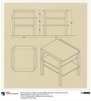 Teetisch, mit zwei Platten, Schnitte, Grundriss und Ansicht (Möbelentwürfe, Tische)