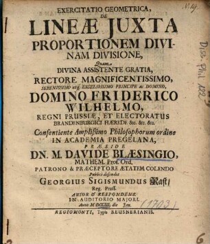 Exercitatio Geometrica, De Lineae Juxta Proportionem Divinam Divisione