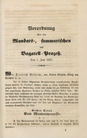 Verordnung über den Mandats-, summarischen und Bagatell-Prozeß. Vom 1. Juni 1833.