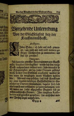 Vierzehende Unterredung. Von der Glückseligkeit bey der Kauffmannschafft.