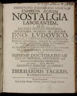 Dissertatio Inauguralis Medica Exhibens Ægrum Nostalgia Laborantem