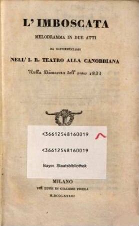 L' imboscata : Melodramma in 2 atti