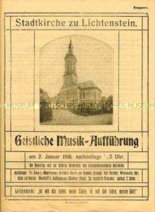 Programm einer kirchlichen Musikveranstaltung in der Stadtkirche zu Lichtenstein