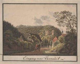 Blick von der Straße aus Hainsberg (Freital, Weißeritzgrund) mit zwei Reitern auf die Burgruine in Tharandt