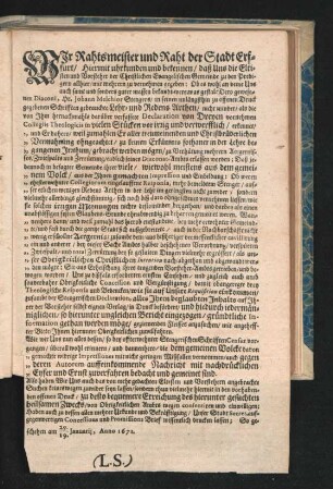Wir Rahtmeister und Raht der Stadt Erffurt/ Hiermit uhrkunden und bekennen/ daß Uns die Eltisten und Vorsteher ...