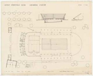 Sportfield Kairo Swimming Pool: Schwimmstadium Grundriss Ground Floor, 2 Schnitte Section C-D, Section E-F, 1:200