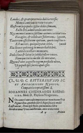 Cl. V. D. C. Rittershusio IC. et Antecessori Norico, Compatri exoptatissimo S. Johannes Chunradus Rhumelius, Med. D. Physicus Neagoraeus.