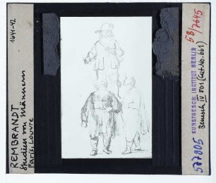 Rembrandt, Studie dreier Figuren (für Nachtwache) (Zeichnung Benesch 661) (Paris Louvre RF 29031) (Q0