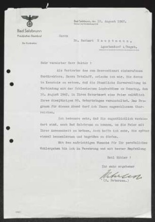 Brief von C. Petersen (Kurdirektor Bad Salzbrunn) von Preußisches Staatsbad / Staatliche Kurverwaltung  an Gerhart Hauptmann