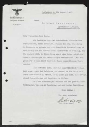 Brief von C. Petersen (Kurdirektor Bad Salzbrunn) von Preußisches Staatsbad / Staatliche Kurverwaltung <Bad Salzbrunn> an Gerhart Hauptmann
