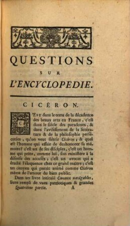 Quéstions Sur L'Encyclopédie : Distribuées En Forme De Dictionnaire. 4, [Cicéron - Droit]