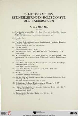 F) Lithographien, Steinzeichnungen, Holzschnitte und Radierungen von A. Menzel 1815-1905 (Nr. 481-520)