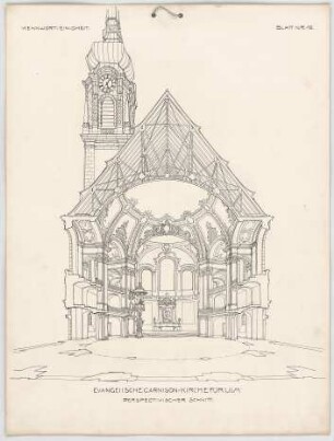Thiersch, Friedrich von; Ulm; Garnisonkirche - Perspektivischer Schnitt
