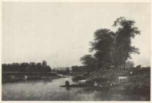 Flußlandschaft mit badenden Kindern und Kühen, im Mittelgrund Dorf mit weißer Kirche