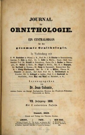 Journal für Ornithologie : Zeitschrift der Deutschen Ornithologen-Gesellschaft. 7. 1859