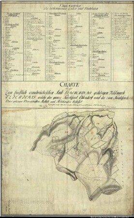 Landesaufnahme des Fürstbistums Osnabrück VI Amt Grönenberg Bl. 14 d Kirchspiele: Oldendorf, Buer Feldmark: Oldendorf Ortschaften: Westerhausen, Föckinghausen, Oldendorf, Oberholsten, Niederholsten, Hustädte, Holzhausen Reinkarte Teil 4: Hustädte Ausf.-Art: Farbige Zeichnung auf Karton, auf Leinen aufgezogen Herst.: Johann Wilhelm Du Plat Herst.: R.W. Brockmann (Direktion: Johann Wilhelm Du Plat) Format: ca. 70 x 110 cm Maßstab: 1 : 3 840