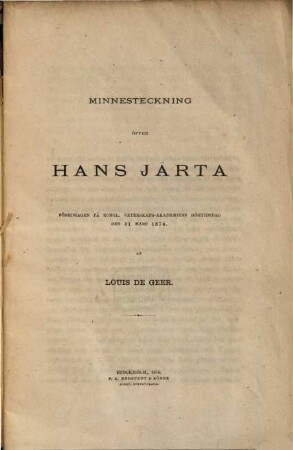 Minnesteckning öfver Hans Järta : Föredragen på k. Vetenskaps-Akademiens högtidsdag den 31 mars 1874