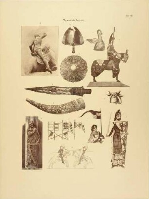 13 verschiedene Darstellungen von Gegenständen Deutscher Ritter des Mittelalters, Helm, Reiterstandbild, Lanze...