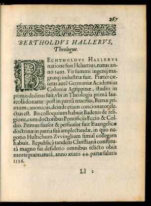 Bertholdus Hallerus, Theologus.