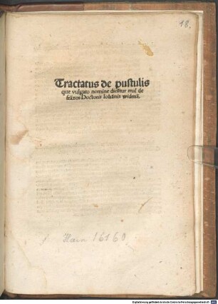 De pustulis et morbo qui vulgato nomine mal de franzos appellatur : mit Brief des Autors an Johannes Nell, Tübingen 20.1.1497, und dessen Erwiderung, Straßburg 1.2.1497