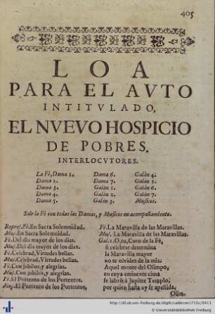Loa para el Auto del Nuevo Hospicio de Pobres.