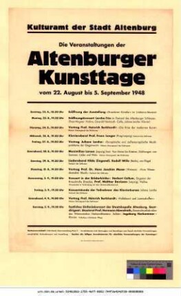 Originaltitel: Die Veranstaltungen der Altenburger Kunsttage vom 22. August bis 5. September 1948