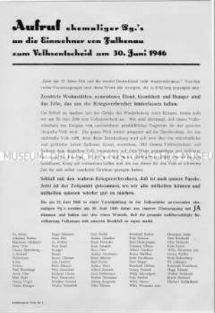 Aufruf ehemaliger NSDAP-Mitglieder zum Volksentscheid über die Enteignung der Betriebe von Nazi- und Kriegsverbrechern