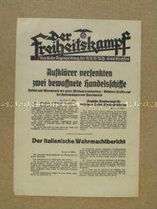 Nachrichtenblatt der Tageszeitung der NSDAP Sachsen "Der Freiheitskampf" über den deutschen Bombenangriff auf Südengland