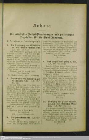 Anhang. Die wichtigsten Polizei-Verordnungen und polizeilichen Regulative für die Stadt Annaberg