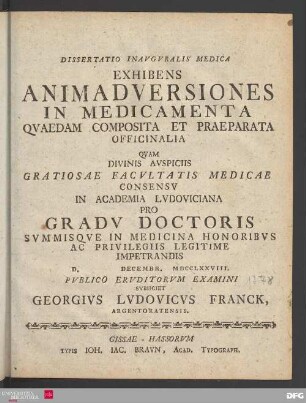 Dissertatio inavgvralis medica exhibens animadversiones in medicamenta qvaedam composita et praeparata officinalia