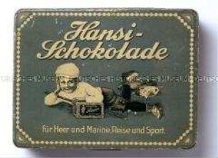 Blechdose für "Hansi-Schokolade für Heer und Marine, Reise und Sport." (auf Boden: OTTO RÜGER)